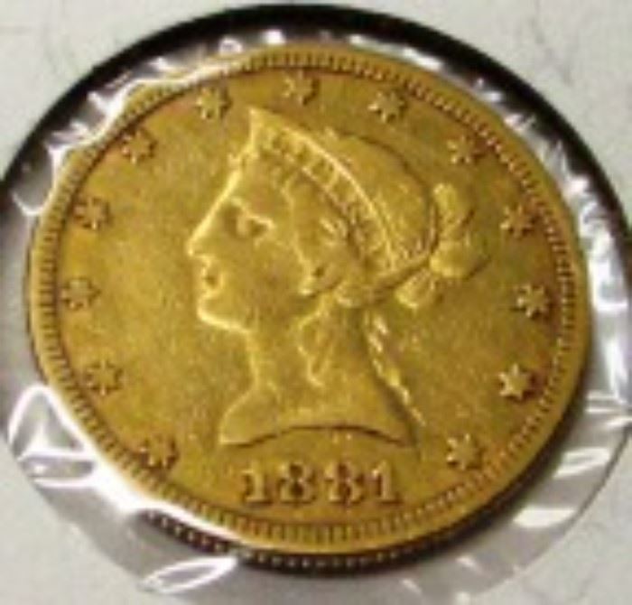 1881 $10 gold liberty coin
