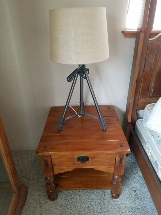 Rustic Side Table/Chest. Handcrafted Tri-pod Lamp made by our woodworker. 