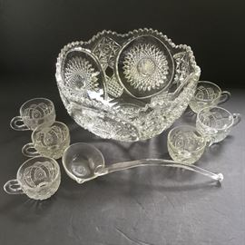 Cut Glass Punch Bowl w/ Ladle, 6 Matching Cups      https://ctbids.com/#!/description/share/32676