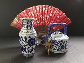 Vase, Matching Tea Pot, & Red Floral Fan      https://ctbids.com/#!/description/share/33127