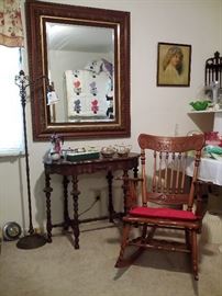Antique pressed back oak rocker, antique lamp table, vintage floor lamp, antique beveled mirror with oak frame
