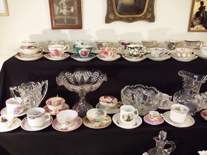 Nice crystal pieces, vintage cups & saucers