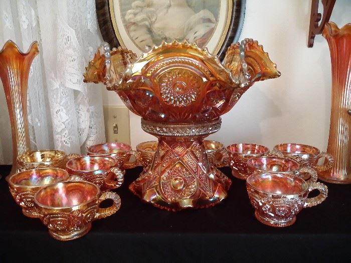 Imperial Hobstar marigold carnival glass punch bowl with base & 11 cups