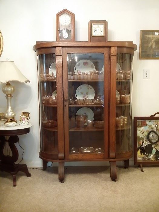 Antique oak curved glass china cabinet