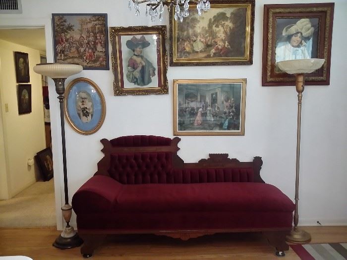 Antique  fainting couch, 2 torchier floor lamps,  vintage pictures