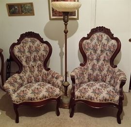 Victorian style arm chairs, torchier lamp (lighted at the bottom also)