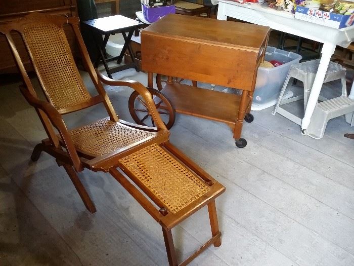 Antique chaise lounge with cane seat & back, Sprague Carlton tea cart