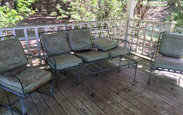 Vintage Metal Outdoor Sofa, Chair, Rocker and Coffee Table (Glass Missing)