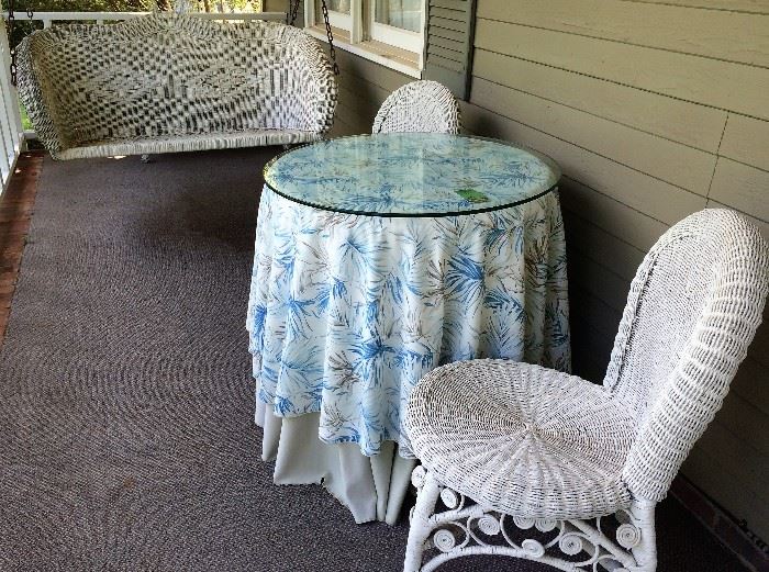 Outdoor Wicker Porch Swing, Chair, Glasstop Table