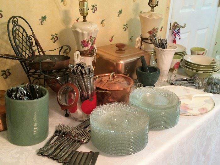 Flatware, Iron Skillet, Glass Plates, Mikasa Cake Plate and Serving Knife, Pair Decorative Porcelain Lamps, Copper Items, More