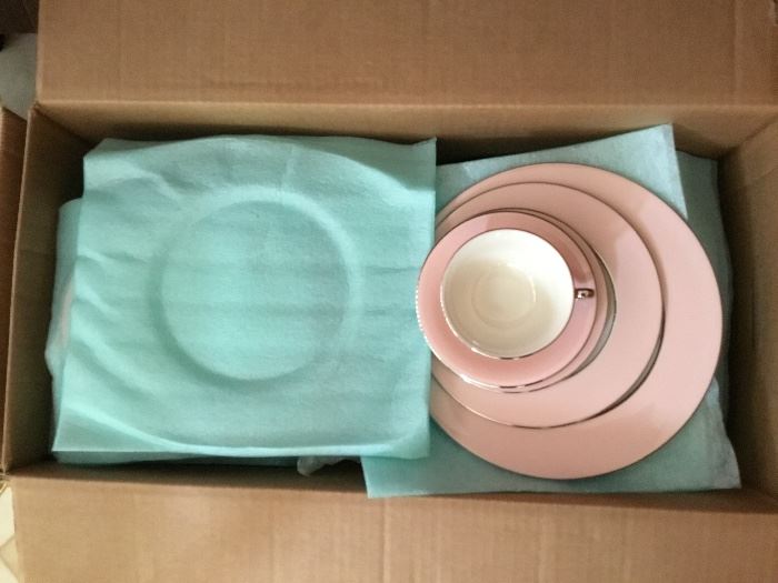 PINK/SILVER TRIM CHINA SET (SERVICE FOR 12)