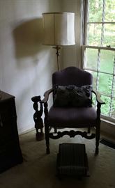 (2) straight chairs with purple fabric. In excellent condition.