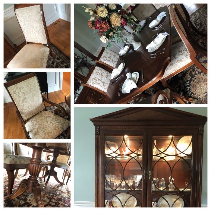 Ethan Allen Dining Room Table with 8 Custom fabric chairs. Breakfront has 3 glass shelves, 3 drawers and 2 cabinets. Table has 2 leafs that extends table from 6 to 10 feet. Custom felt table protectors. *items pictures on table and in breakfront not included