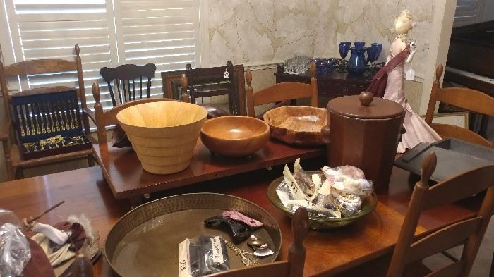 Hand carved wooden bowls & Vintage Mid-Century dining table with 2 leaves