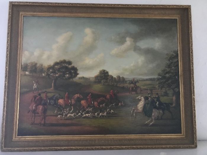 Large English hunt scene oil painting