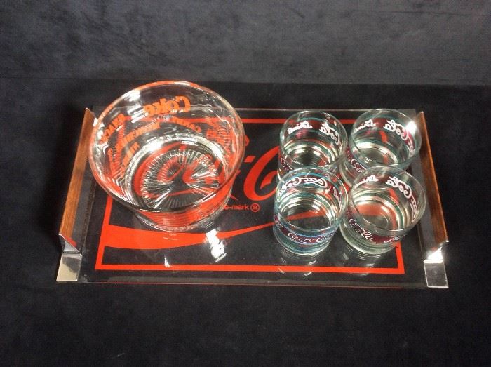 Vintage coke serving tray, ice bucket and glasses