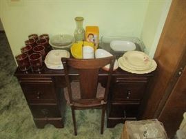 Small desk and chair, glassware and household items