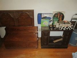 Wood bench, headboard and household items