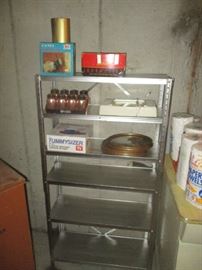 Metal shelving, copper spice set, and miscellaneous items