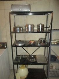 Metal shelves, pots and pans and miscellaneous