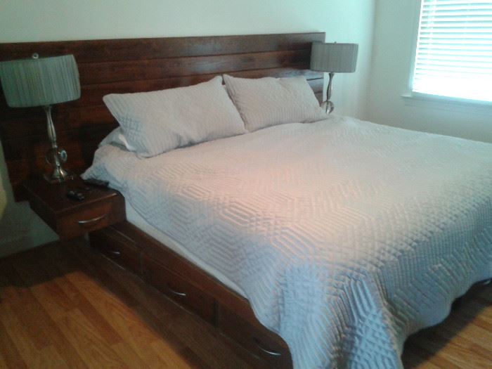king size bed,  headboard floating night stands