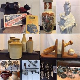 Vintage collectibles 
Mexican tin art, primitive tin art,
Stoneware, brass, enamel, metal, wrought iron, and much more

