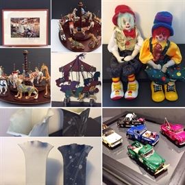 Franklin Mint Carousel collection complete w/ wooden carousel, Ganz clowns, pottery from local artists, dye-cast car and truck collections