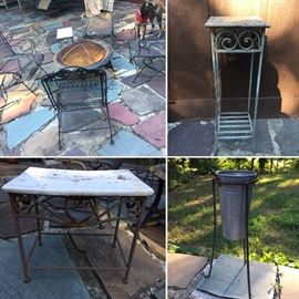 Various tables, wrought iron, outdoor fire pit, outdoor grill w/ utensils and more