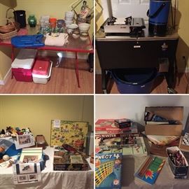 Coolers, tool around ice chest, planters, butane burner, large and small ice buckets and bins. Games, toys, kid framed pictures and more