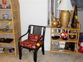 Sasha Brastoff lamp w/shade, pitcher/vase, tall decanter & more Sasha Brastoff pieces.  Black arm chair, etc.