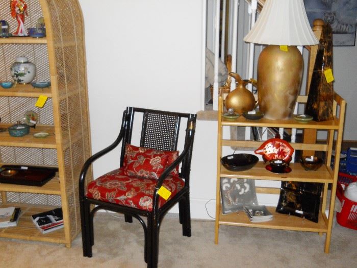 Sasha Brastoff lamp w/shade, pitcher/vase, tall decanter & more Sasha Brastoff pieces.  Black arm chair, etc.
