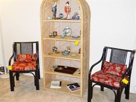 2 Black arm chairs, rattan shelf, cloisonne', Oriental figurines/dolls, etc.