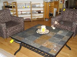 Upholstered animal style print arm chairs, coffee table, etc.