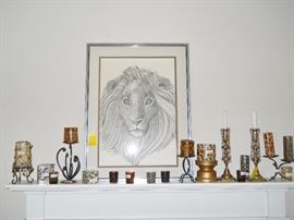 Framed  pen & ink lion by Ravindra, candles, etc.