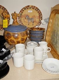 artist signed pottery giraffe soup tureen & bowls, etc.