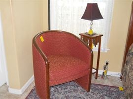 barrel back chair, plant stand, lamps, etc.