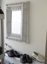 shoes, white wicker mirror