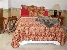 full vintage white oak bed, bed linens, tray, etc.