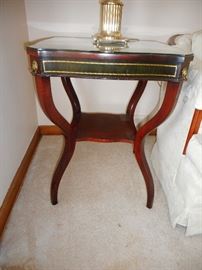 Vintage Mahogany Two Tier Leather Top, Sides, Custom Glass Top,Lion Hardware. Occasional Table (2)