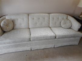 White Silk Brocade Tufted Back Pillows, Mahogany Frame, Oakbrook Guild Sofa