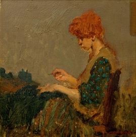 MILT KOBAYASHI (B. 1950) OIL ON CANVAS 'WOMAN SEWING'