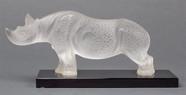 A SIGNED LALIQUE FROSTED RHINOCEROUS SCULPTURE