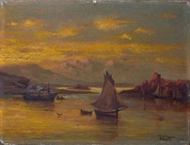 SYDNEY LONG (1871-1955) OIL ON PANEL HARBOR SCENE