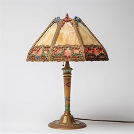 AN AMERICAN SLAG GLASS AND GILT METAL LAMP