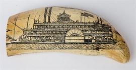 COMPOSITION DOUBLE-SIDED SCRIMSHAW WHALE TOOTH
