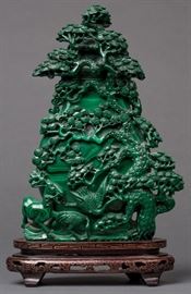 A CARVED MALACHITE LIDDED JAR WITH BONZAI TREE