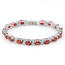 Garnet and Diamond Bracelet 18K White Gold Plated over German Silver / 7" 15.5g tw -Tennis Style Bracelet- Garnet and Diamond