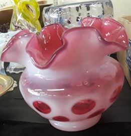 Fenton coin glass cranberry vase