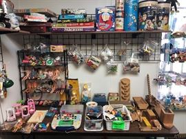 barbies, vintage board games, wooden toys