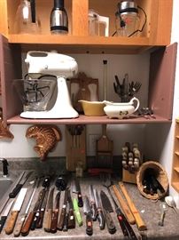 kitchen knives, gravy bowls, electric mixer